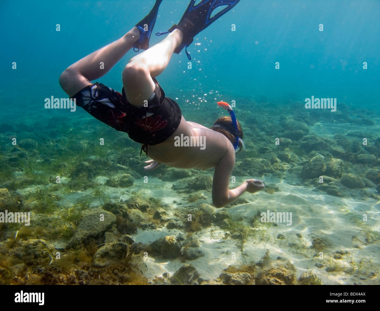 Joven adolescente snorkeling en las claras aguas del Mediterráneo en la bahía Fig Tree, PROTARAS, CHIPRE. Foto de stock