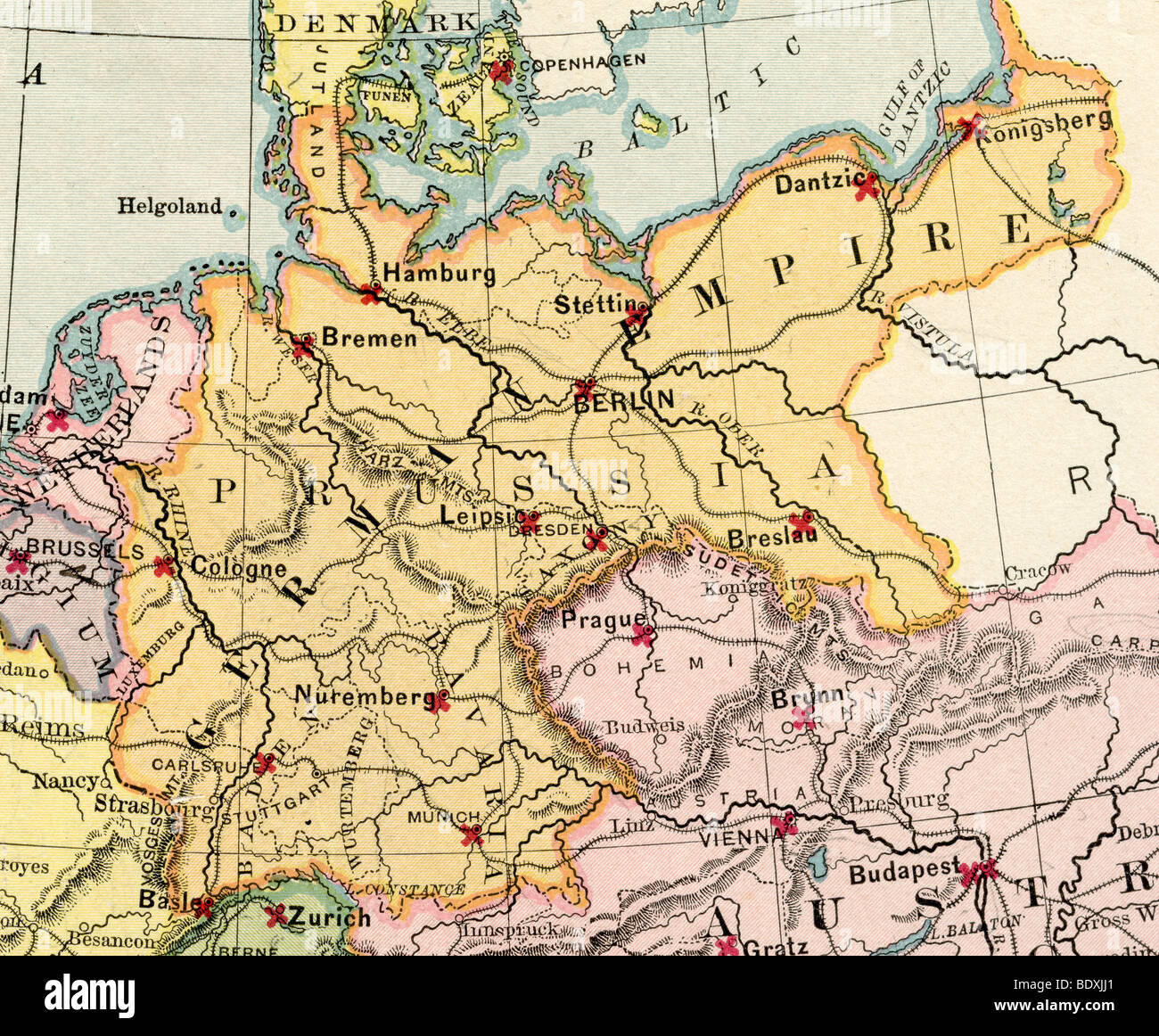 Original antiguo mapa de Alemania desde 1875 libros de geografía Foto de stock