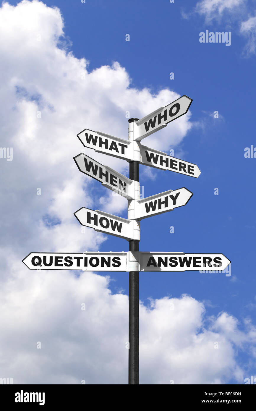 Concepto de imagen las seis preguntas y respuestas más comunes en un cartel. Foto de stock
