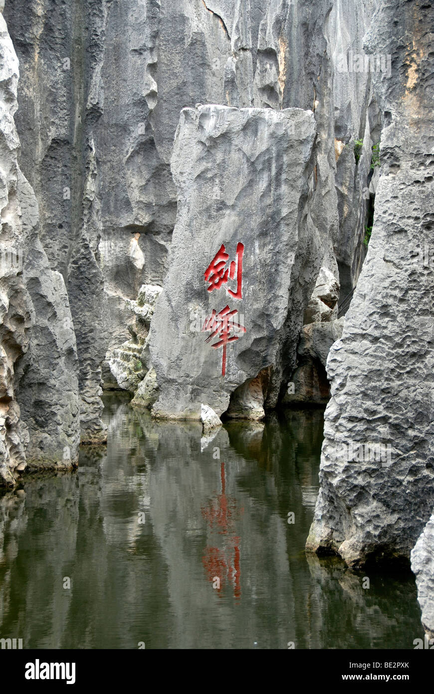 Sitio del Patrimonio Mundial de la UNESCO, los caracteres chinos se refleja en el agua, escultura-como rocas, karst, Bosque de Piedras de Shilin, Yunnan Pro Foto de stock