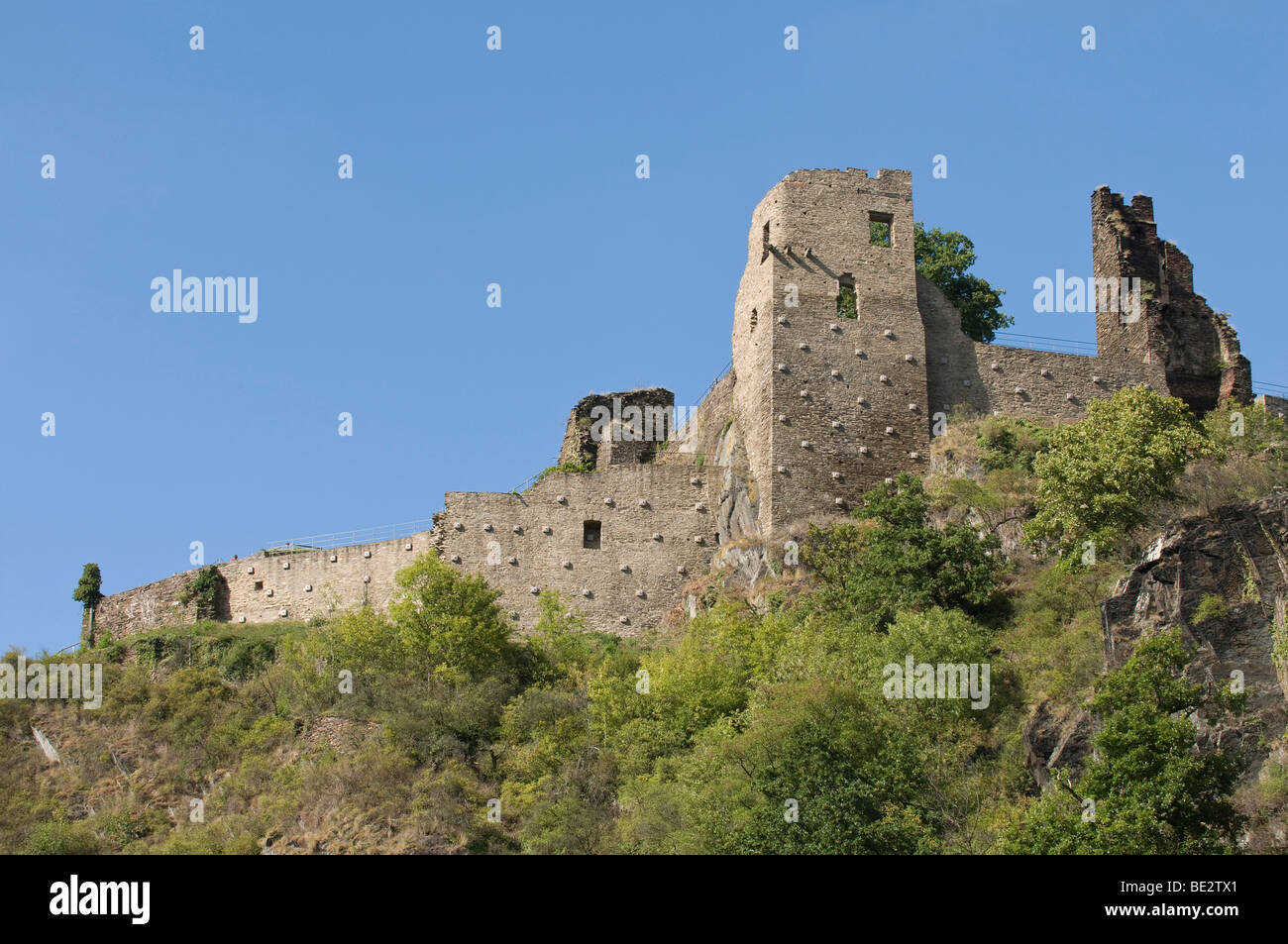 Vista desde el Ahr sobre las ruinas del castillo Burg Ahr, valle Ahrtal, Renania-Palatinado, Alemania, Europa Foto de stock