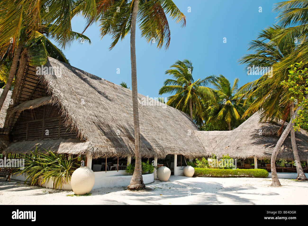 El edificio principal, el vestíbulo, el bar, la construcción, la isla de Maldivas, South Male Atoll, Maldivas, Achipelago, Asia, Océano Índico Foto de stock