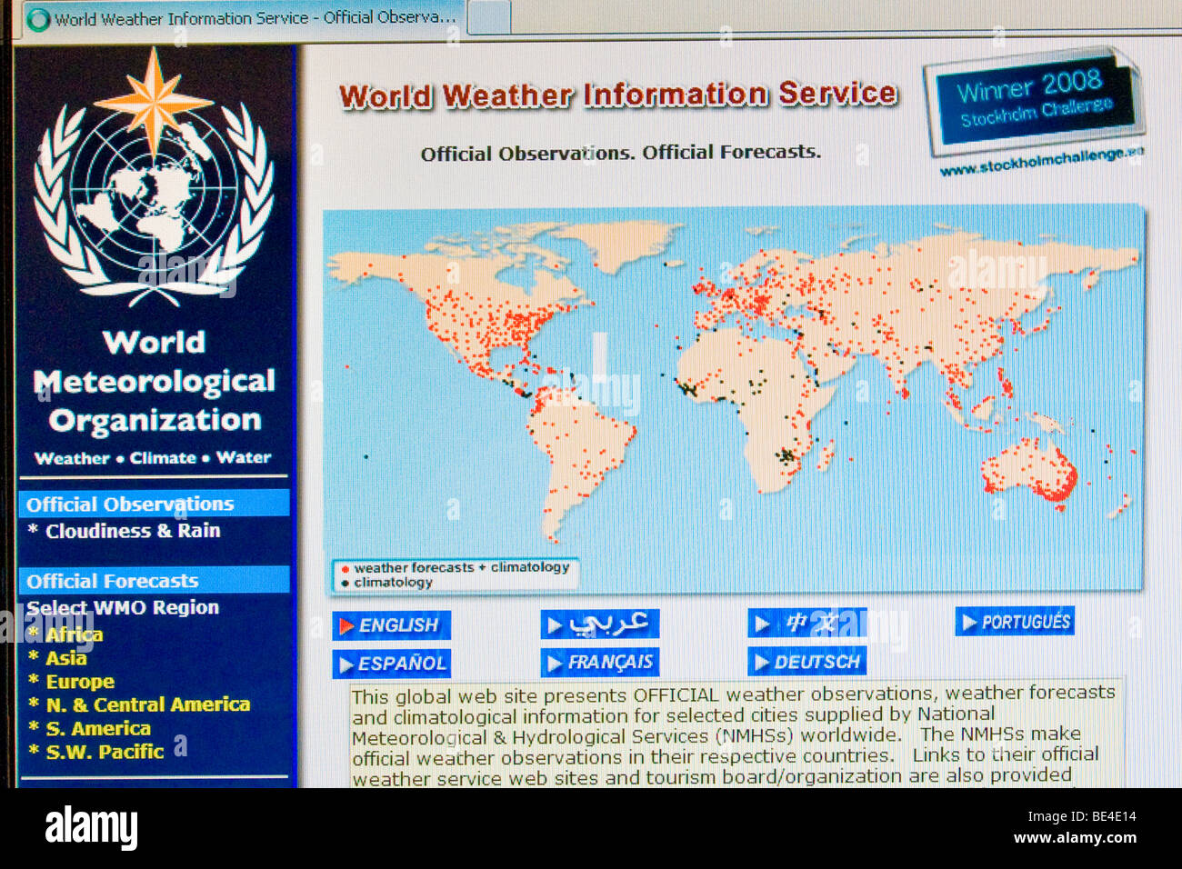 Página Web, servicio de información meteorológica mundial Foto de stock