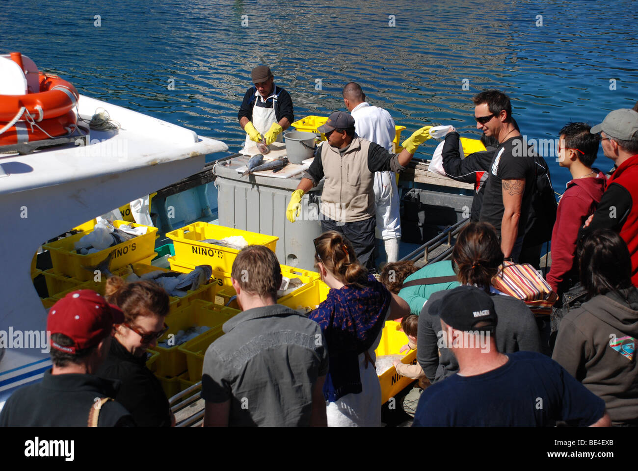 Mercado de domingo en Wellington, Nueva Zelanda. Se vende pescado fresco directamente desde el barco. Aquí el velero con las manos sobre el pescado. Foto de stock