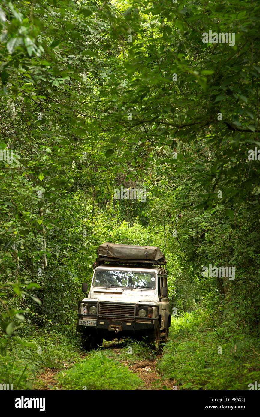 Land Rover Defender en la Reserva del Bosque de Budongo en Uganda. Foto de stock