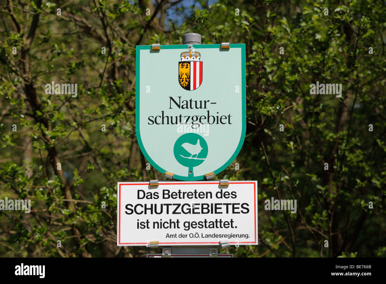 Cartel "Naturschutzgebiet', 'Reserva Natural', Reserva Europea Unterer Inn at Reichersberg, Upper Austria, Austria, Europa Foto de stock