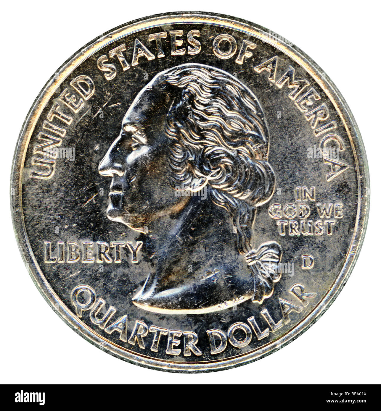 Moneda de cuarto de dólar aislado sobre fondo blanco. Foto de stock
