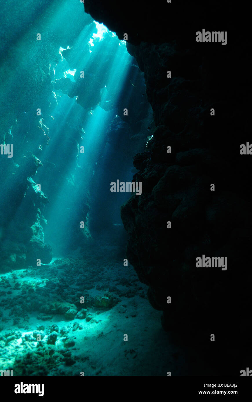 Flujo de rayos de luz dentro de una cueva submarina, Mar Rojo Foto de stock