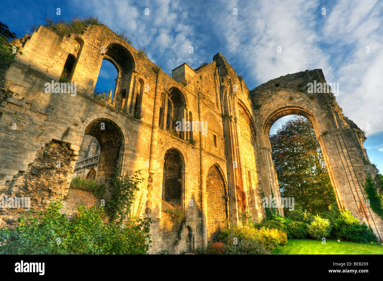 La Abadía de Malmesbury muro oriental y arcada remanente en la luz de la mañana temprano Foto de stock