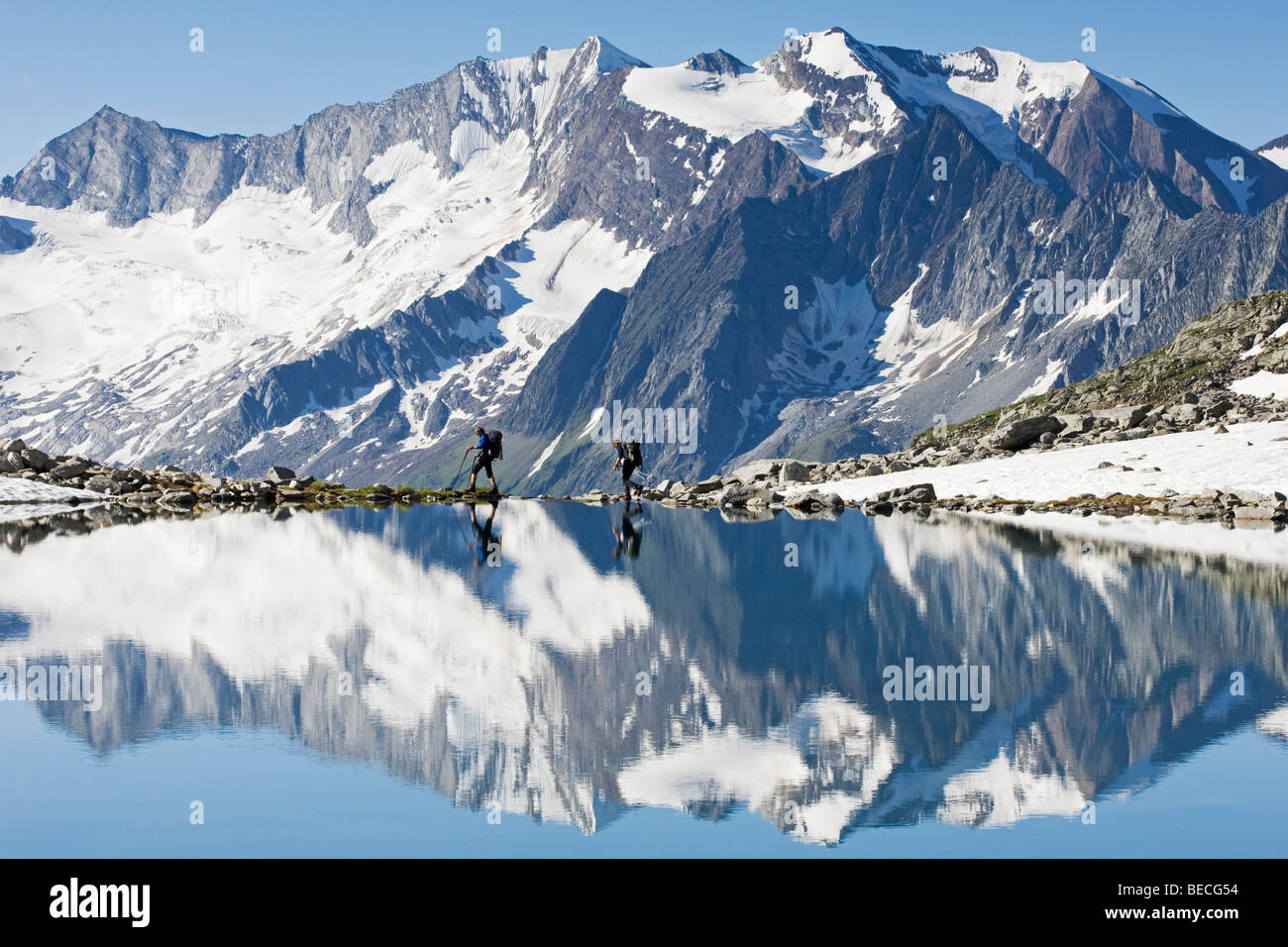 Los excursionistas en la orilla del lago, Friesenbergsee Zillertal Alpes, Tirol, Austria Septentrional, Europa Foto de stock