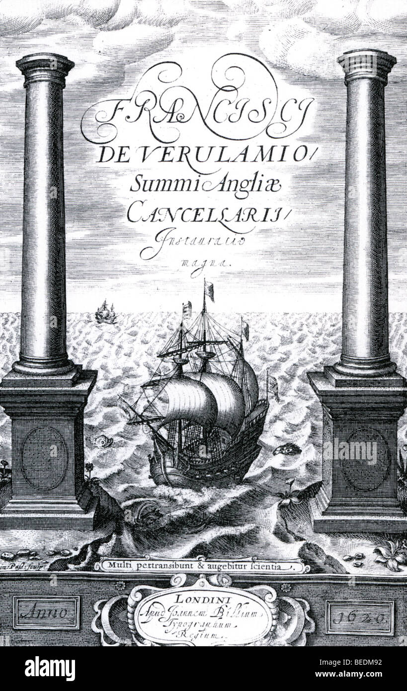 FRANCIS BACON - página del título de su libro de 1620 Instauratio Magna - véase la descripción a continuación para más detalles Foto de stock