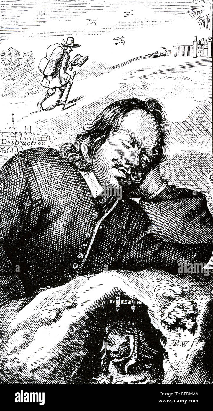 El progreso del peregrino en la edición 1680 de John Bunyan aparece imaginando las aventuras de su peregrino Foto de stock