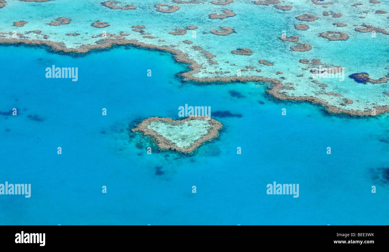 Vista aérea del suelo oceánico, el corazón en forma de corazón de arrecife de coral, la Gran Barrera de Coral zona Patrimonio de la humanidad, la Gran Barrera de Coral, UNES Foto de stock