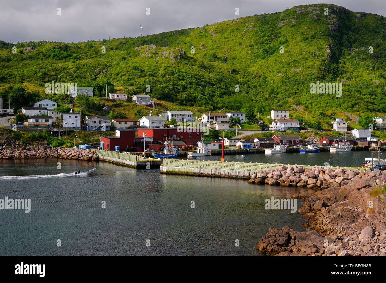 Entrando en lancha rompeolas en petty harbour-maddox cove península de Avalon Terranova Foto de stock