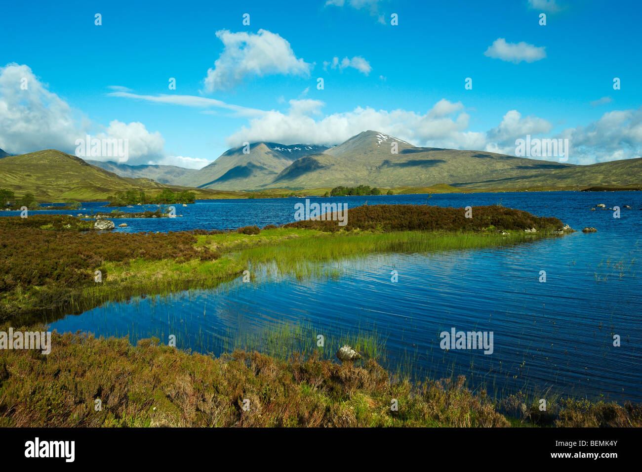 Escocia, Highland, Rannoch Moor, Lochan na h Achlaise, vistas al Monte Negro (Clach Leathad & Meall un Bhuiridh) Foto de stock