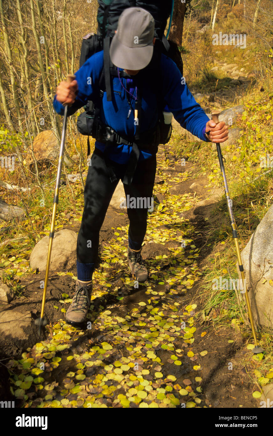 Hombre mochilero. Foto de stock