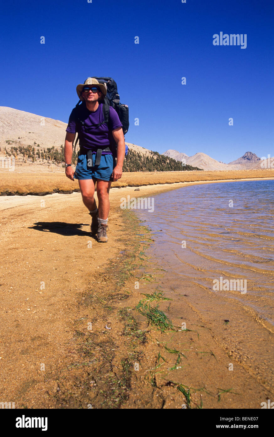 Hombre mochilero. Foto de stock