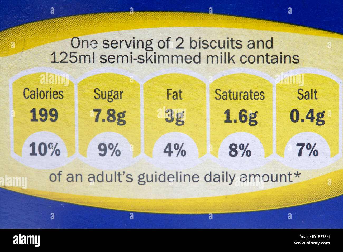 Porcentaje de la cantidad diaria de directriz de las etiquetas de los alimentos en una caja de cereal de desayuno en el reino unido Foto de stock
