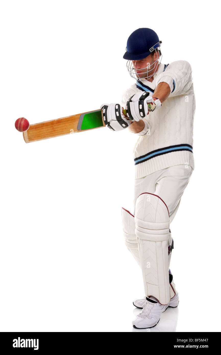 Cricketer, Foto de estudio sobre fondo blanco. Foto de stock