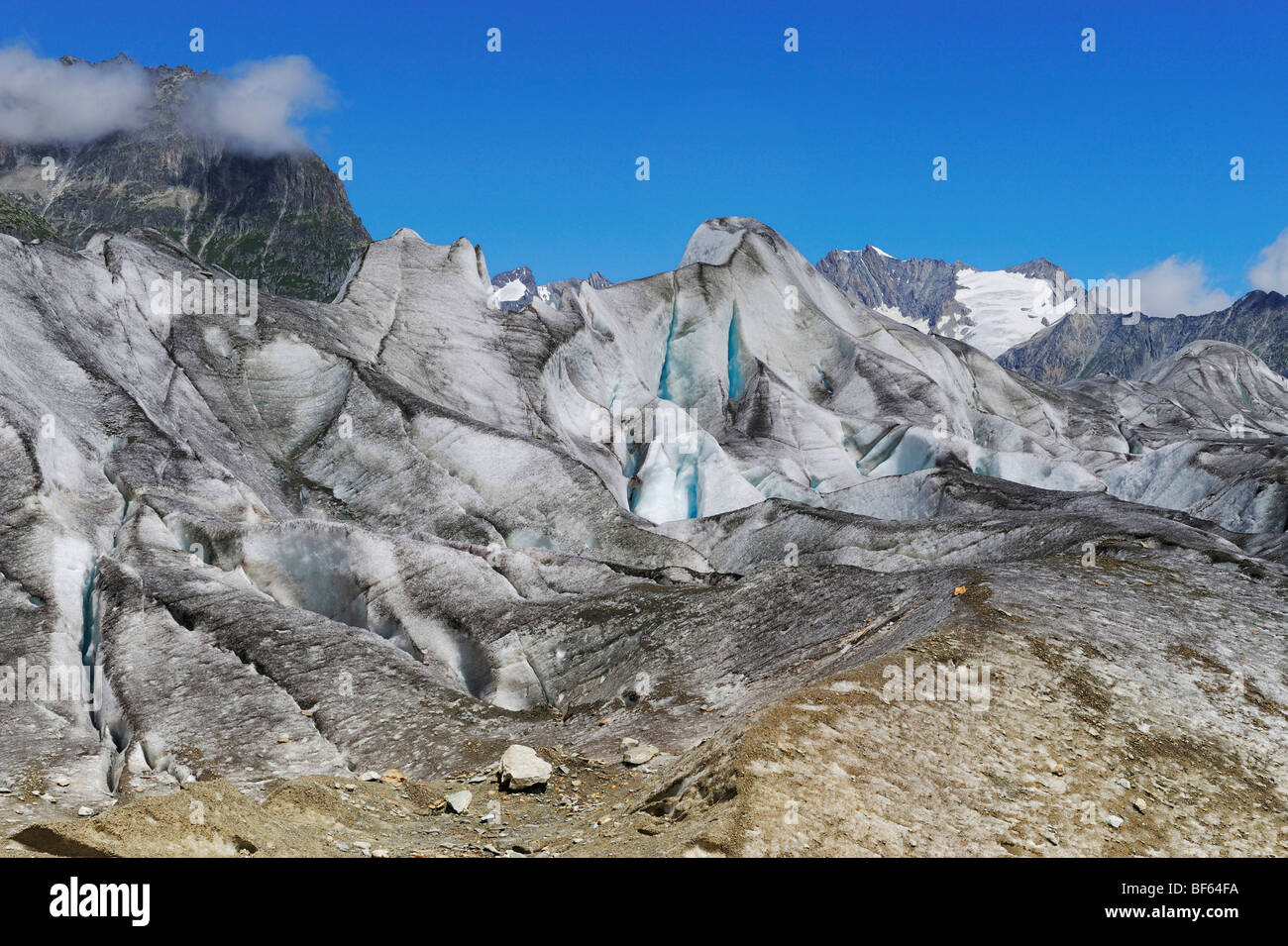 El Glaciar Aletsch, Sitio del Patrimonio Mundial de la UNESCO Jungfrau-Aletsch-Bietschhorn, el GOMS, Valais, Suiza, Europa Foto de stock