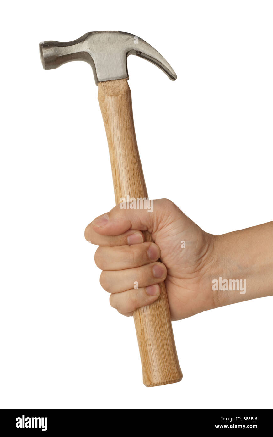 Hombre mano, sosteniendo un martillo. Aislado sobre fondo blanco, guardado  con trazado de recorte Fotografía de stock - Alamy