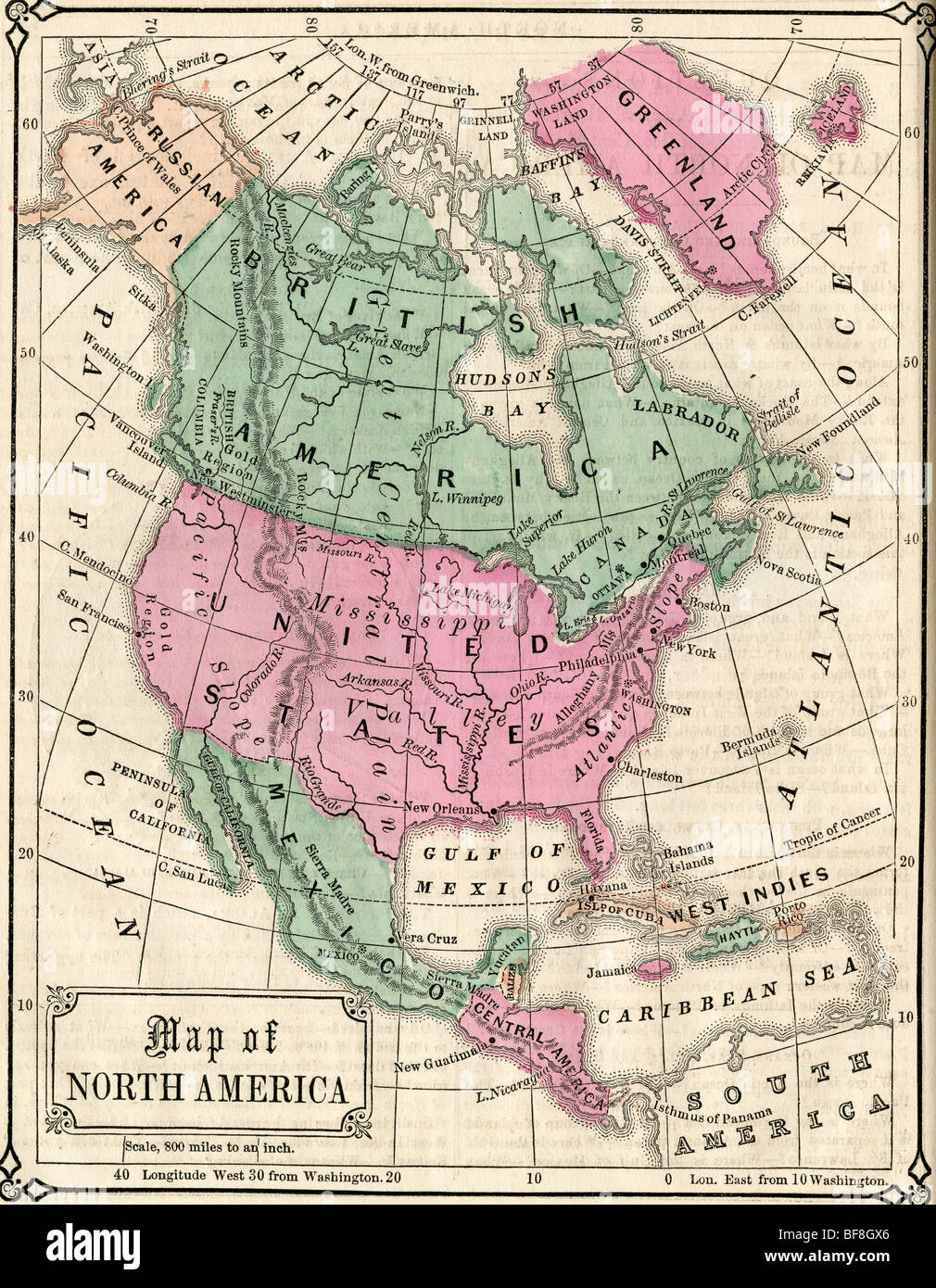 Original antiguo mapa de América del Norte desde 1865 libros de geografía Foto de stock