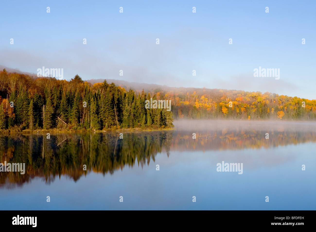 Niebla de la mañana más Brewer Lago, Algonquin Provincial Park, Ontario, Canadá Foto de stock