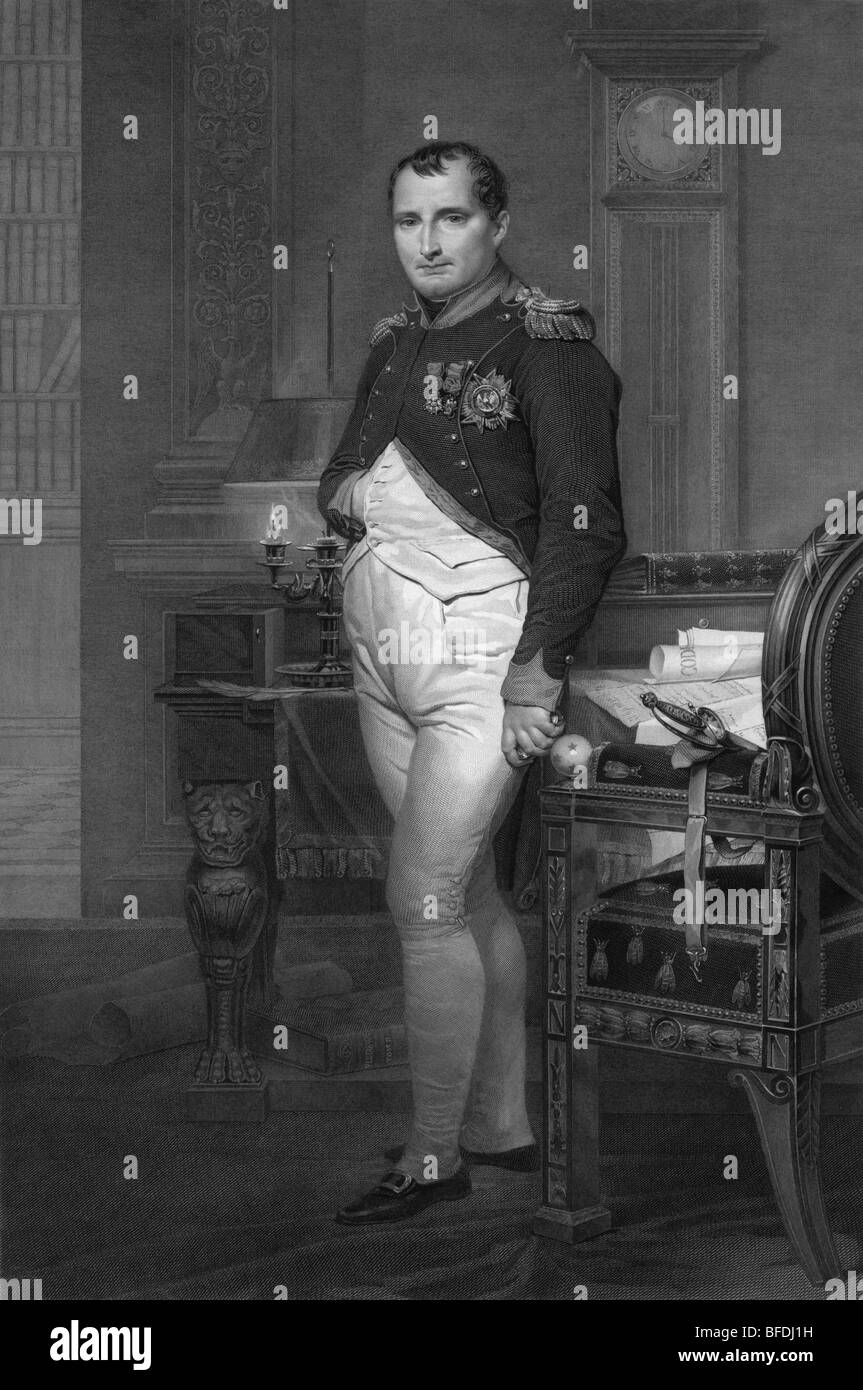 Retrato grabado de Napoleón Bonaparte (1769 - 1821) en su estudio. Foto de stock
