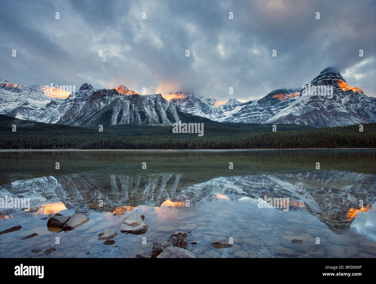 Mount Chephren reflejado en el lago de aves acuáticas superiores, Parque Nacional de Banff, Alberta, Canadá Foto de stock