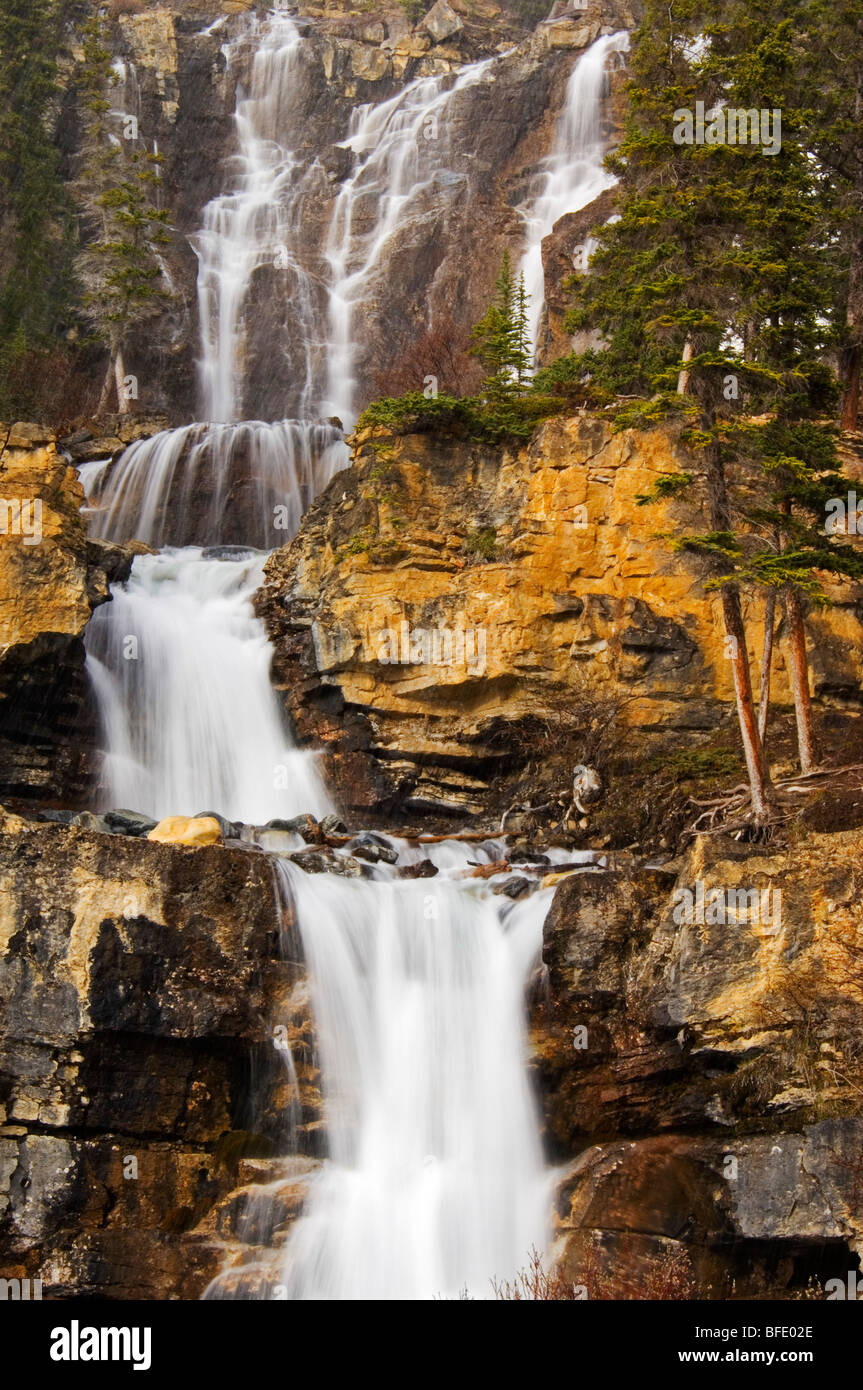 Roca de cascada, Tangle Falls, el Parque Nacional de Jasper, Alberta, Canadá Foto de stock