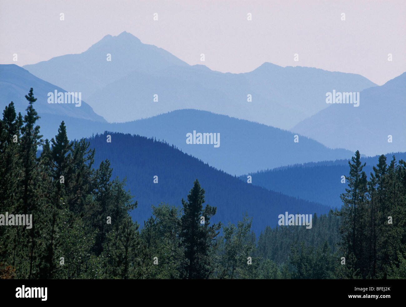 Montaña de roca azul y Gorge Creek Valley, Kananaskis Country, Alberta, Canadá Foto de stock