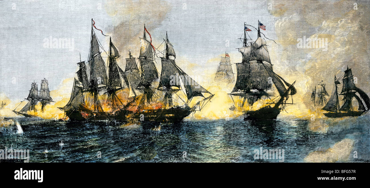 Los buques británicos y estadounidenses que participan en la batalla del lago Erie, 1813. Xilografía coloreada a mano Foto de stock