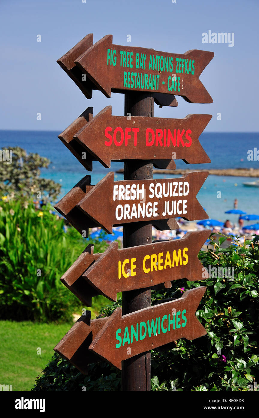 Cafe signo, bahía Fig Tree, Protaras, distrito de Famagusta, Chipre Foto de stock