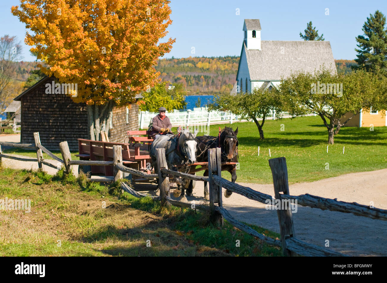 Hombre que conducía los caballos y carruajes, Reyes, asentamiento histórico aterrizaje Fredericton, Nuevo Brunswick Foto de stock
