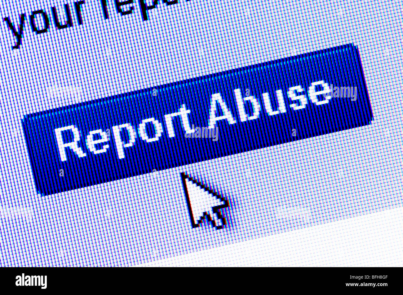 Captura de pantalla de la macro Reportar Abuso icono en el sitio web de redes sociales Bebo - una iniciativa para detener el acoso en línea. Foto de stock