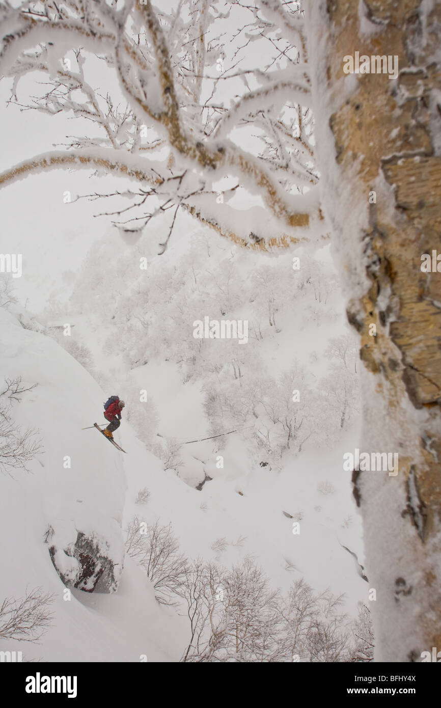 Un esquiador en medio del aire después de saltar de un acantilado en Furanodake travesía, Hokkaido, Japón Foto de stock