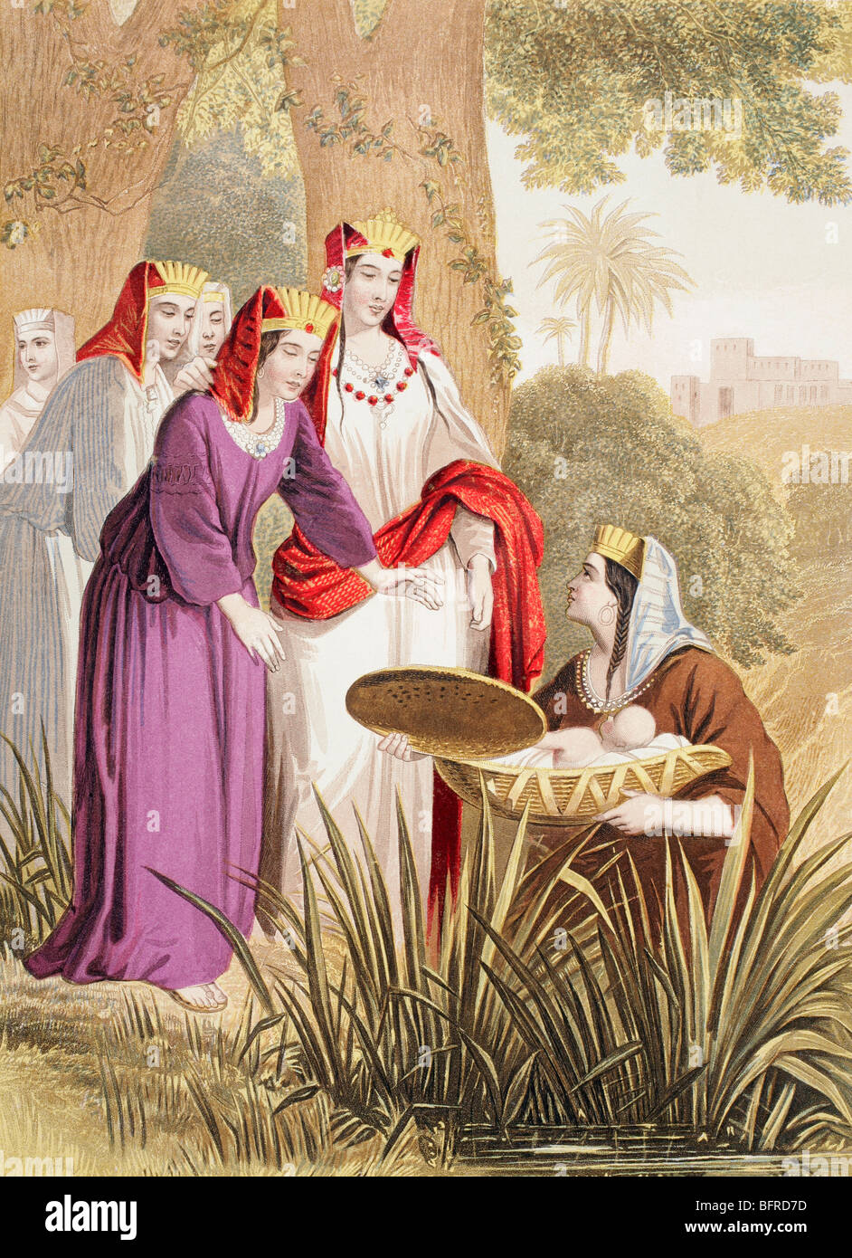 El bebé Moisés se encontró en los juncos en la orilla del río por la hija del faraón. Foto de stock