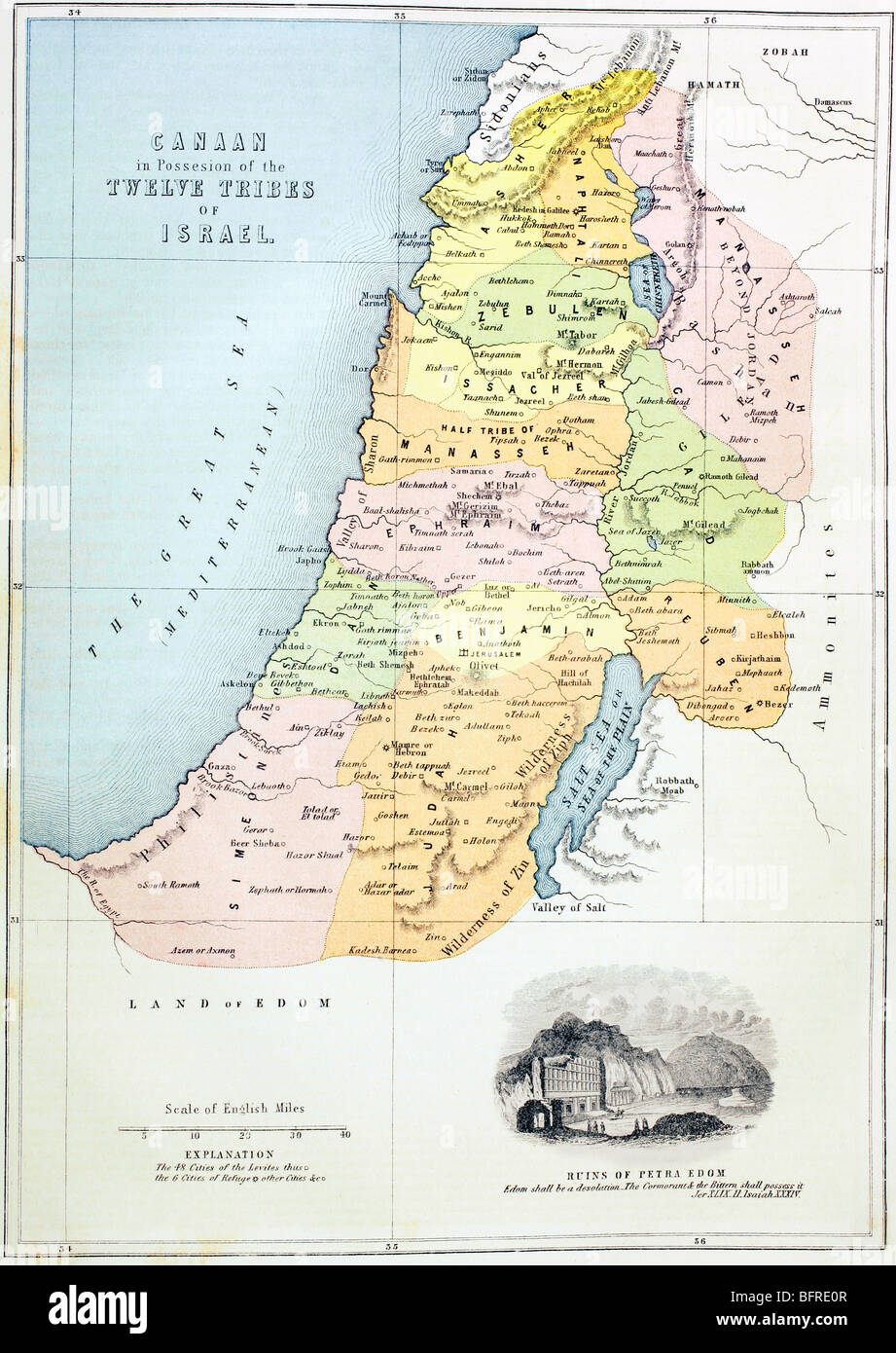 Canaán, o Palestina, como lo fue dividida entre las doce tribus de Israel. Foto de stock