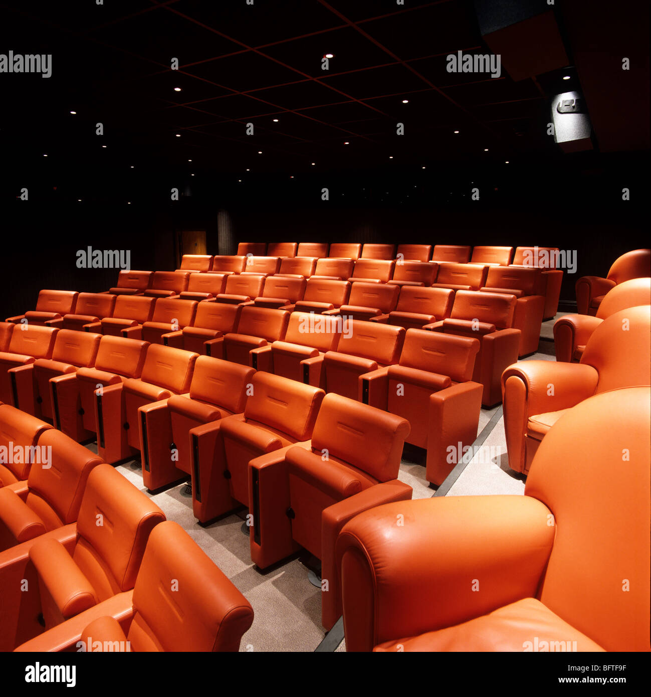 Audiencia asientos diseñados por Poltrona Frau en el cine ver privado del hotel Charlotte Street, Londres Foto de stock