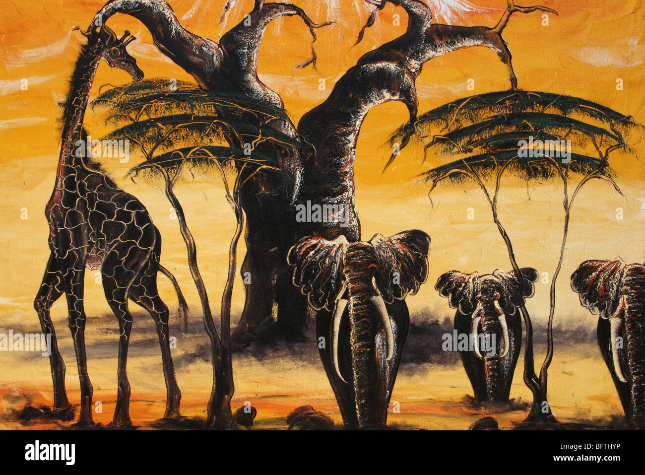 Fauna africana tradicional pintura tomadas de Mto Wa Mbu, Tanzania Foto de stock