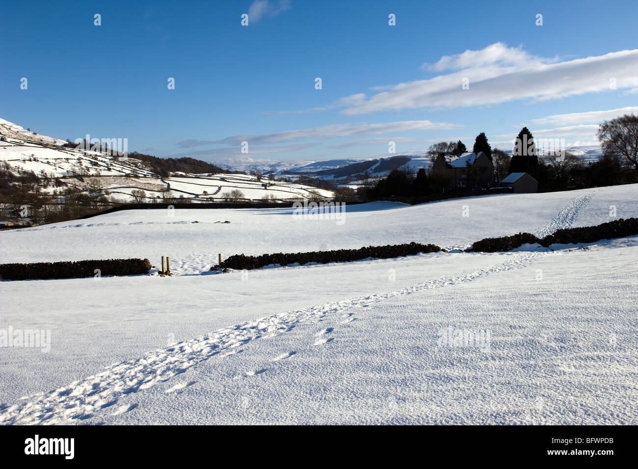 En Swaledale tradicional escena invernal, Yorkshire Dales, Inglaterra Foto de stock