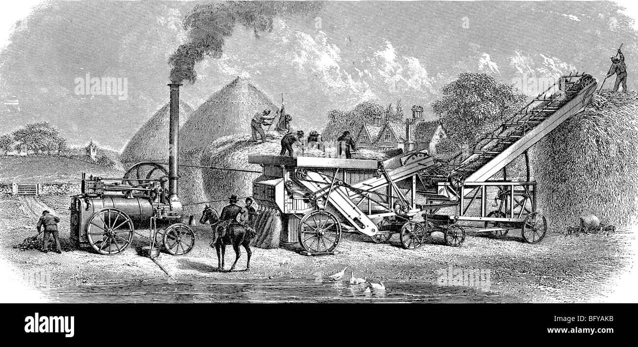 Trilla de vapor en una granja en inglés acerca de 1830 Foto de stock