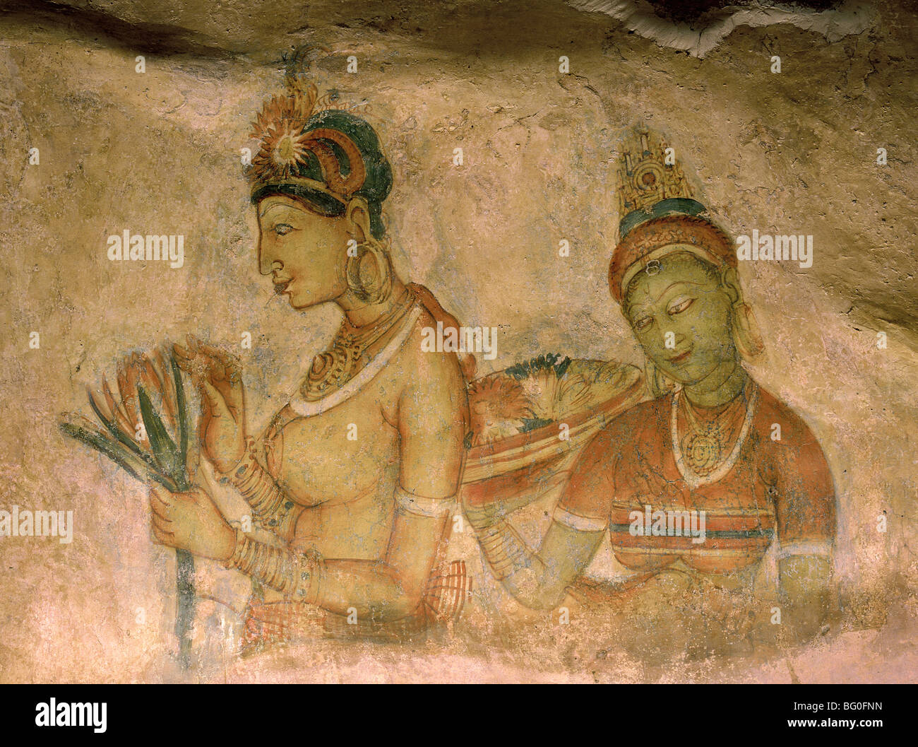 Mural en el siglo V, Sigiriya Rock citadel, Sitio del Patrimonio Mundial de la UNESCO, Sri Lanka, Asia Foto de stock