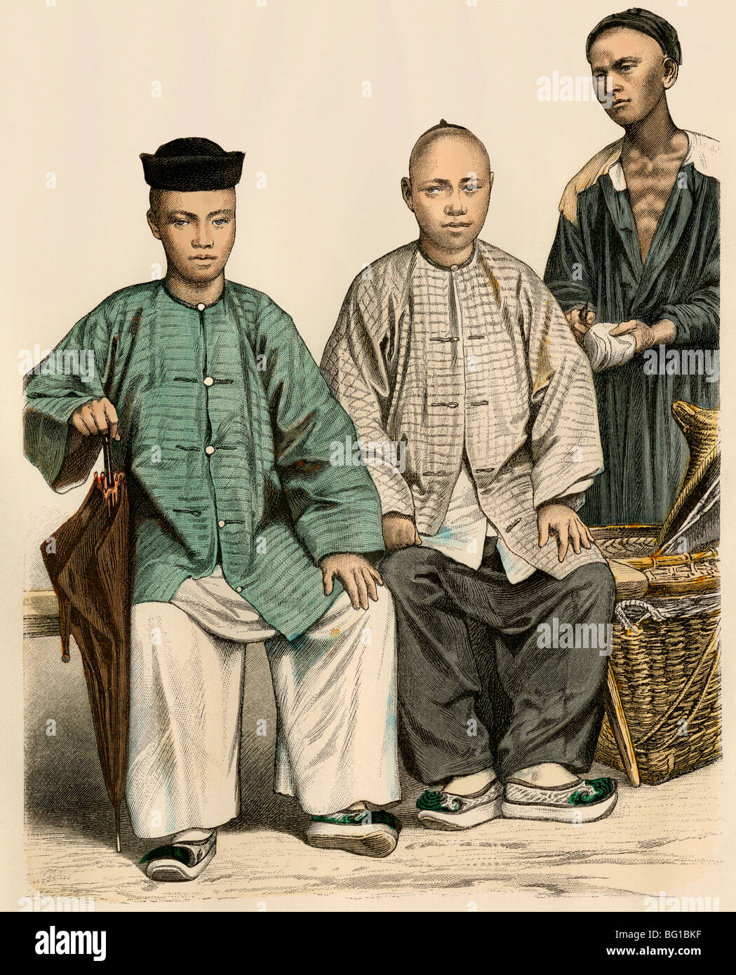 Los comerciantes chinos y de asentamiento en el estrecho de Singapur (derecha), de 1800. Mano de color imprimir Foto de stock