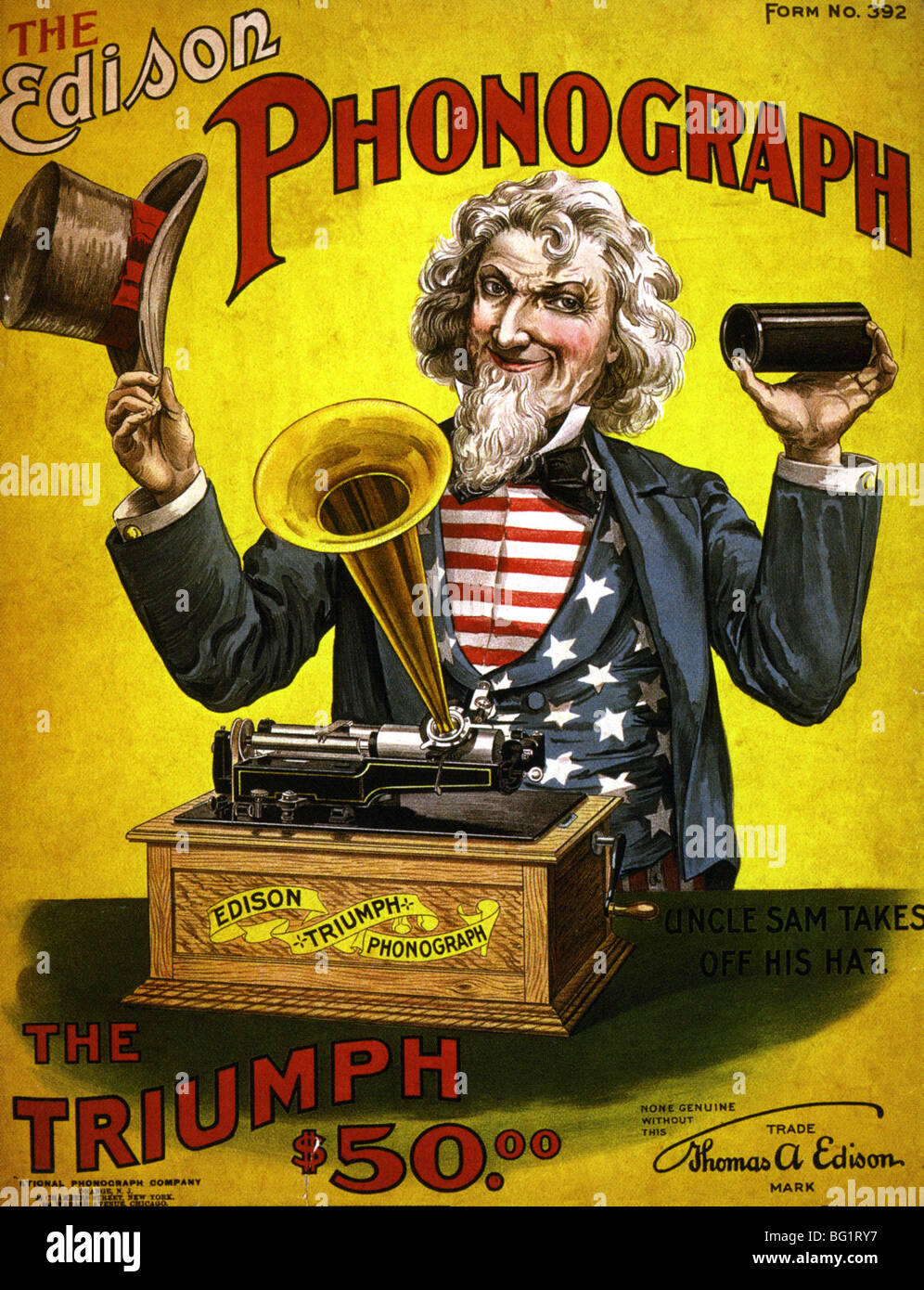 El fonógrafo de Edison anuncio alrededor de 1900 con el Tío Sam figura promover el triunfo cilindro modelo para $50 Foto de stock