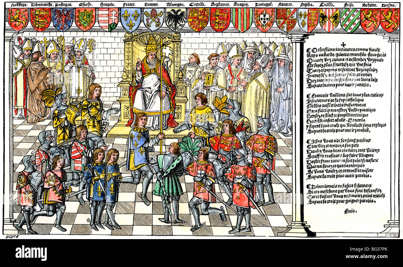 El papa Urbano II llama la primera cruzada en el concilio de Clermont, 1095. Xilografía coloreada a mano Foto de stock
