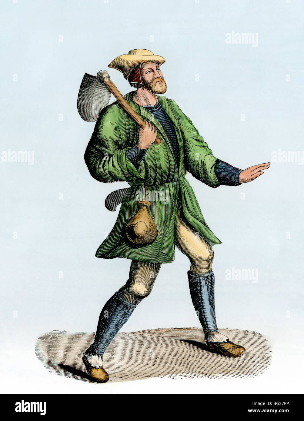 Campesino llevando una pala en el 1400s. Xilografía coloreada a mano Foto de stock