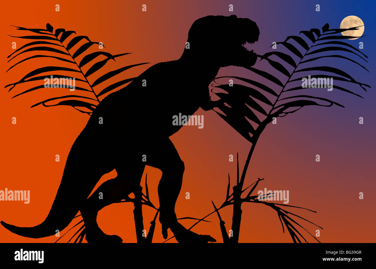 Por supuesto, utilizando un modelo de esta imagen representa un Tyrannosaurus rex con los incendios de extinción comenzando en el fondo. Foto de stock