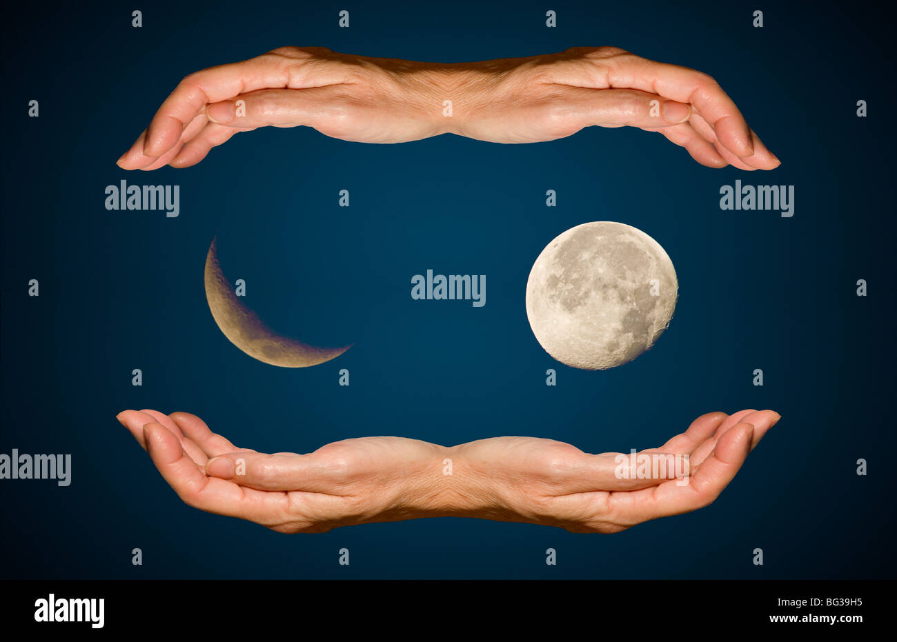 La surrealista imagen ilustra el ciclo lunar de manera abstracta. Foto de stock