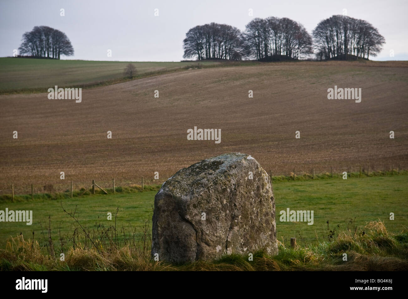 Túmulos de la edad del bronce en el Ridgeway con vistas a la avenida que conduce desde el círculo de piedra de Avebury Neolítico en Wiltshire, REINO UNIDO Foto de stock